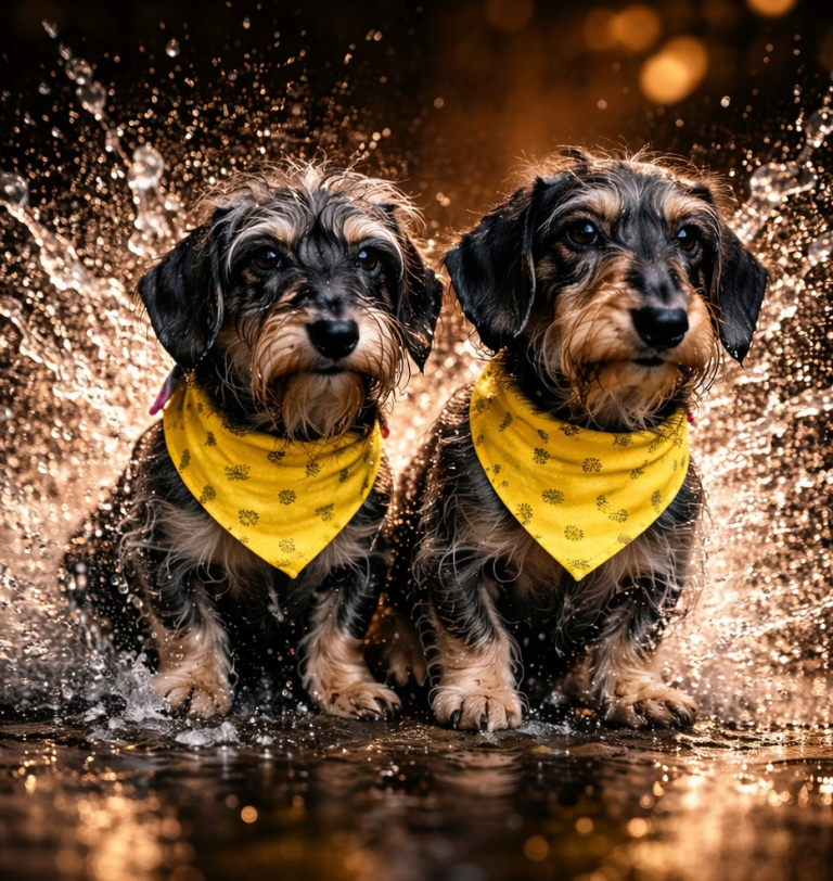 Zwei Dackel mit gelben Halstüchern im Wasser, umgeben von Spritzwasser.
